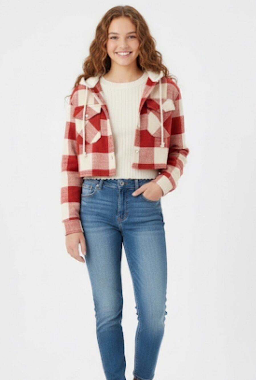 American Eagle Plaid Hooded Flannel Womens XS Cropped Red White Shirt Shacket